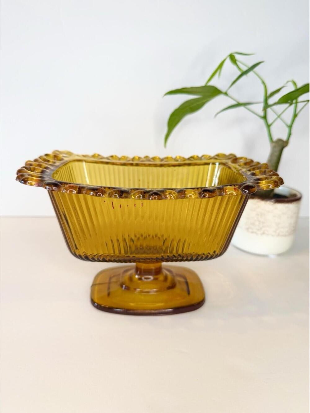 VTG Indiana Glass Amber Footed Candy Dish Lace Edge Pedestal FTDA 1981 Retro